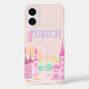 Zurich Travel Art, Switzerland, Pink Retro Travel iPhone 16 Case