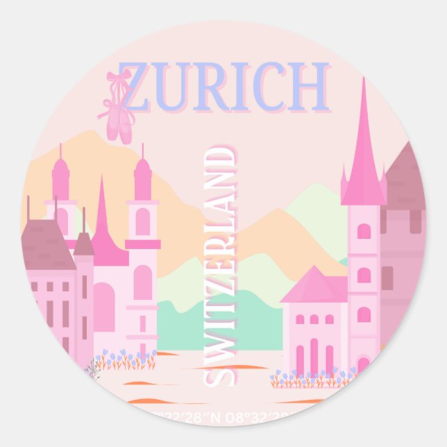Zurich Travel Art, Switzerland, Pink Retro Travel  Classic Round Sticker (Front)