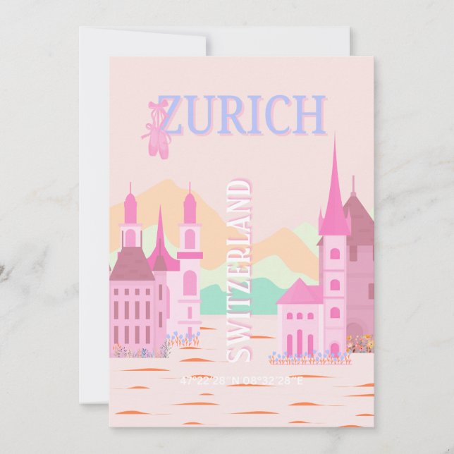 Zurich Travel Art, Switzerland, Pink Retro Travel  Holiday Card (Front)