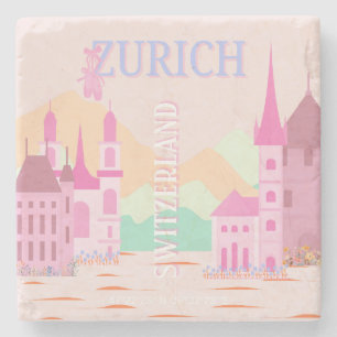 Zurich Travel Art, Switzerland, Pink Retro Travel  Stone Coaster