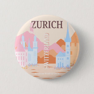 Zurich Travel Art, Switzerland, Retro Travel Art 6 Cm Round Badge