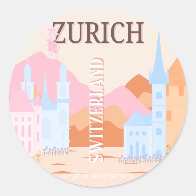 Zurich Travel Art, Switzerland, Retro Travel Art Classic Round Sticker (Front)