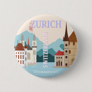 Zurich Travel Art, Switzerland Travel Art, Retro 6 Cm Round Badge