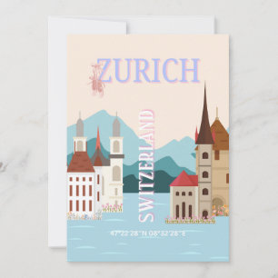 Zurich Travel Art, Switzerland Travel Art, Retro Holiday Card
