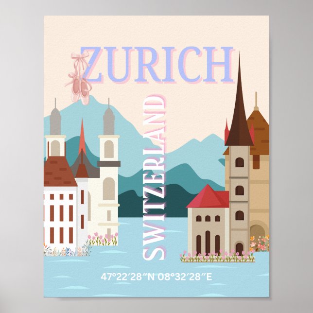 Zurich Travel Art, Switzerland Travel Art, Retro Poster (Front)