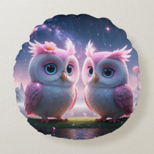 Zwei kleine Eulen in einer Traumwelt Round Cushion