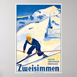 Zweisimmen Bern Swiss Alps Switzerland Vintage Ski Poster