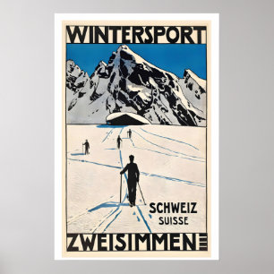 Zweisimmen Winter Sport Switzerland Vintage Ski Poster
